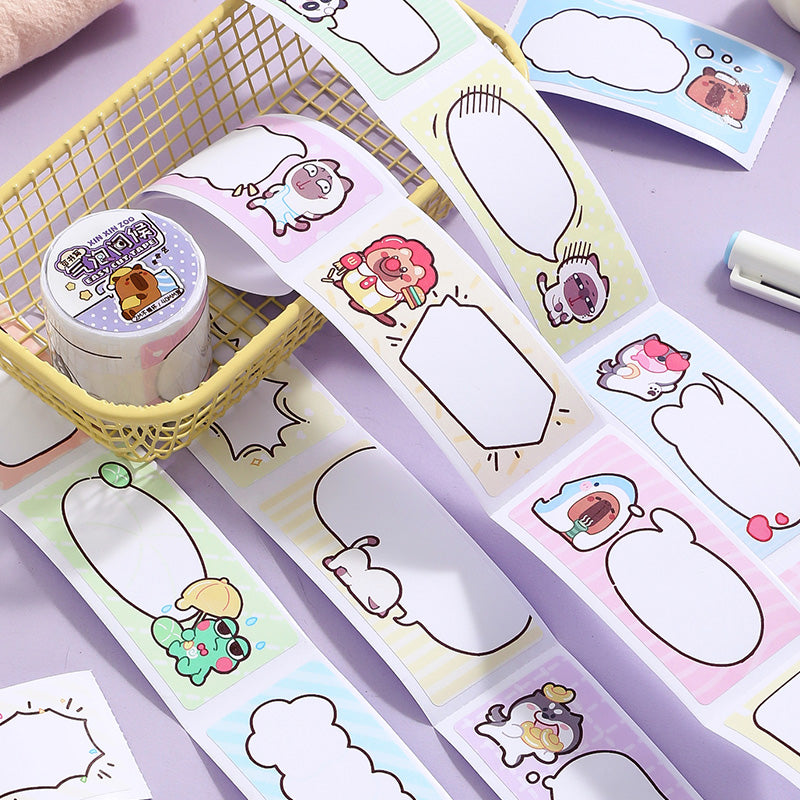 Set of cartoon-themed bookmarks and stickers on a purple surface with a small container.