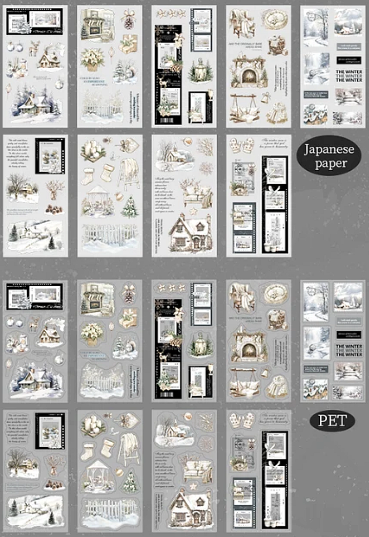 Collection of Japanese washi paper and P.E.T sheets from inside the sticker book with winter-themed illustrations on a grey background.