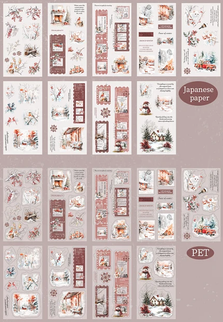 Collection of Japanese washi paper and P.E.T sheets from inside the sticker book paper sheets with various designs on a beige background