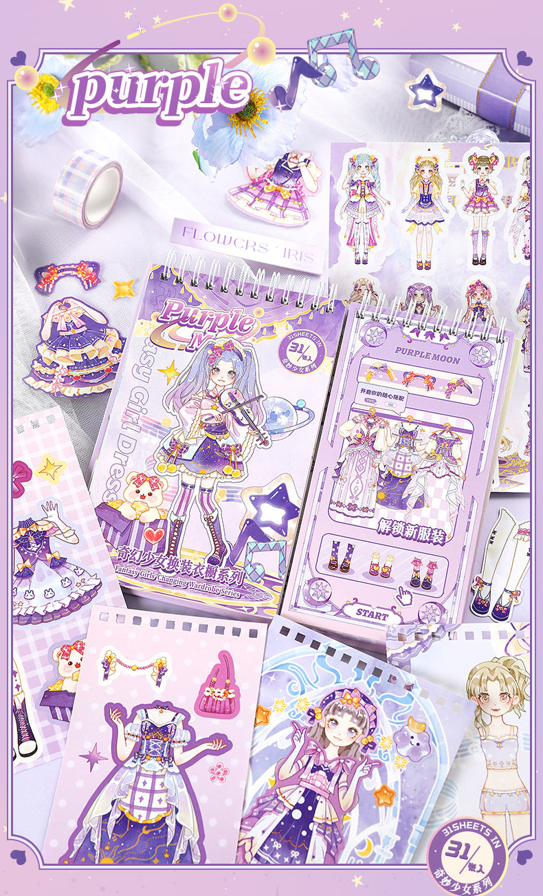Sticker dress up flip book set with character designs on a purple background
