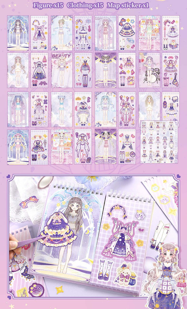 Set of clothing and doll stickers with a purple theme on a pink background.