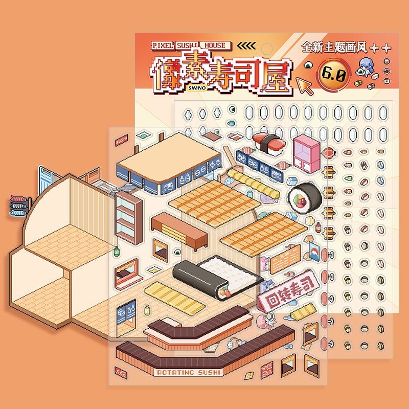 Pixel 3D Isometric Sticker Scene Set – Sushi Restaurant & Space Station - The Kawaii Nest