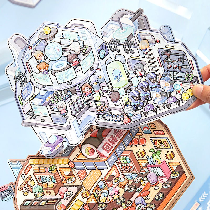 Pixel 3D Isometric Sticker Scene Set – Sushi Restaurant & Space Station - The Kawaii Nest