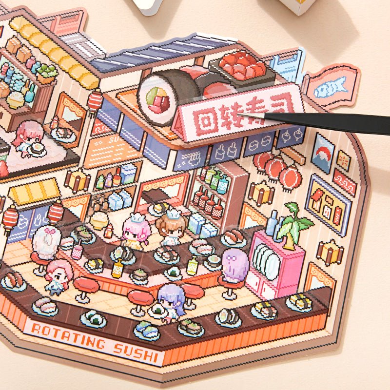 Pixel 3D Isometric Sticker Scene Set – Sushi Restaurant & Space Station - The Kawaii Nest