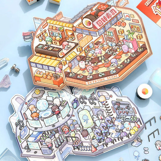 Pixel 3D Isometric Sticker Scene Set – Sushi Restaurant & Space Station - The Kawaii Nest