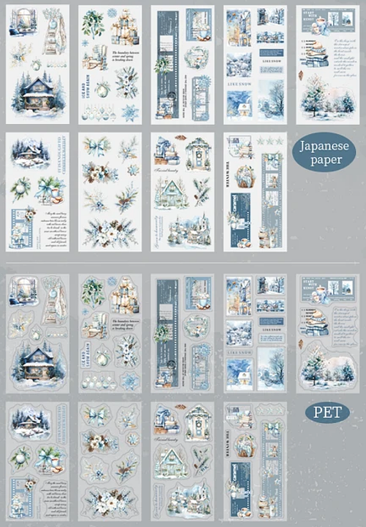 Collection of Japanese washi paper and P.E.T sheets from inside the sticker book paper sheets with various designs on a grey background
