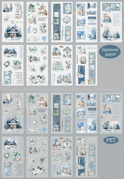 Collection of Japanese washi paper and P.E.T sheets from inside the sticker book paper sheets with various designs on a grey background