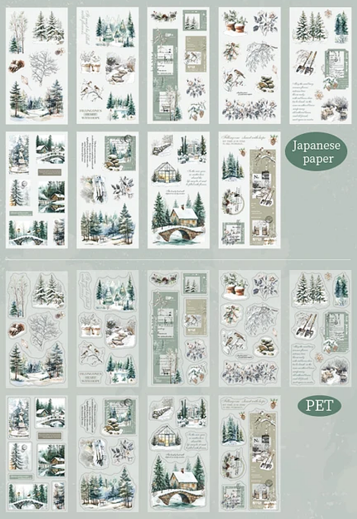 Packaging of 'Woodland Boundless' Japanese washi paper and P.E.T sheets from inside the sticker book paper with illustrations of nature scenes.