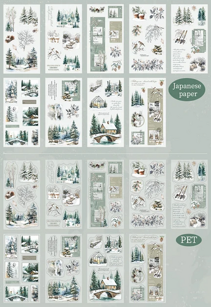 Packaging of 'Woodland Boundless' Japanese washi paper and P.E.T sheets from inside the sticker book paper with illustrations of nature scenes.