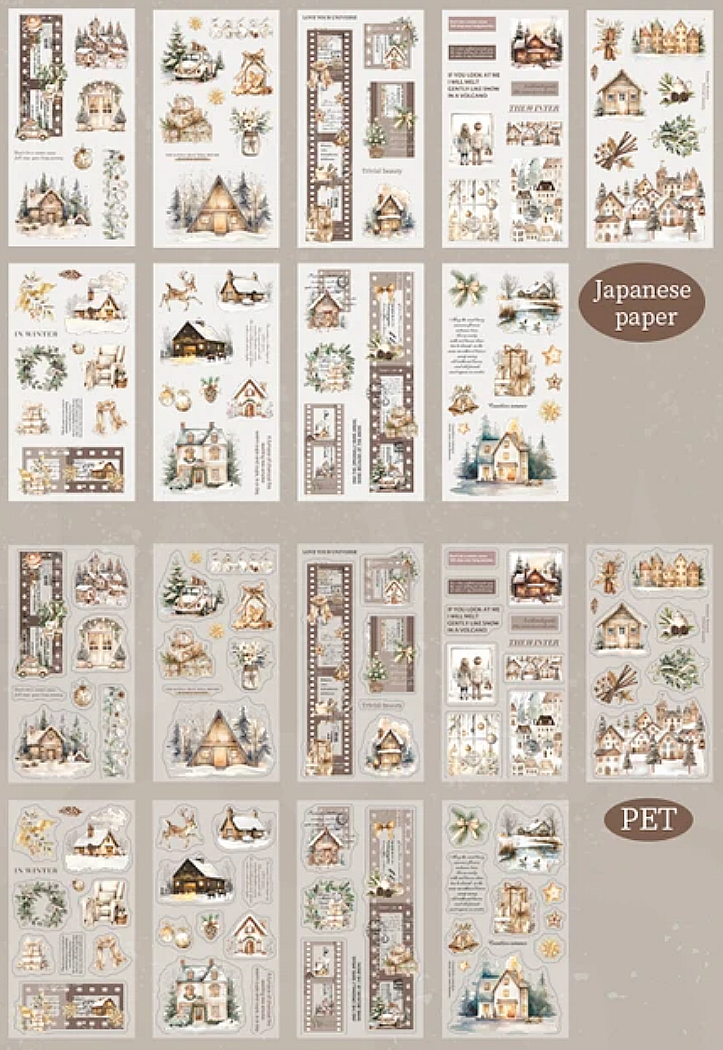 Packaging of Japanese  washi paper and P.E.T sheets from inside the sticker bookpaper with illustrations of houses and scenes.