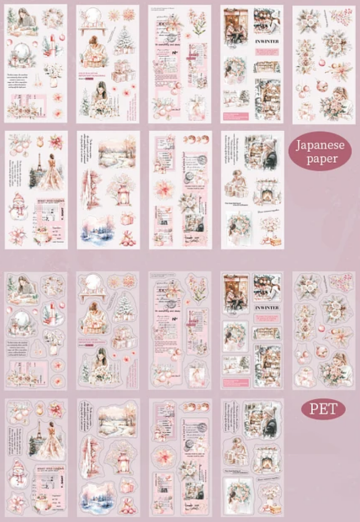 Collection of Japanese washi paper and P.E.T sheets from inside the sticker book paper sheets with various designs on a pink background