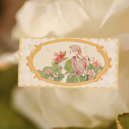 Illustration of a fairy with flowers on a decorative card with a floral background