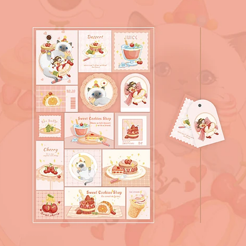 Set of cute illustrated cat stickers on a pink background
