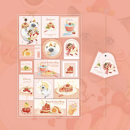 Set of cute illustrated cat stickers on a pink background