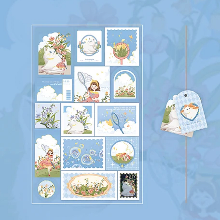 Collection of illustrated cat stickers on a blue background
