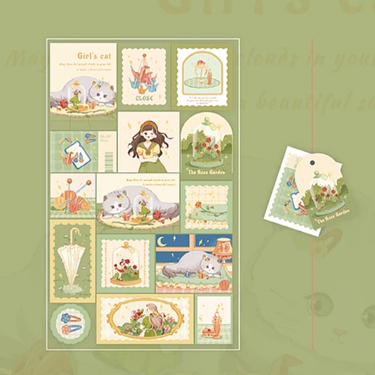 Collection of illustrated cat stickers featuring a girl and her cat on a green background.