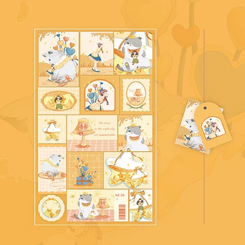 Set of illustrated cards with cute cats on a yellow background