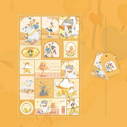 Set of illustrated cards with cute cats on a yellow background