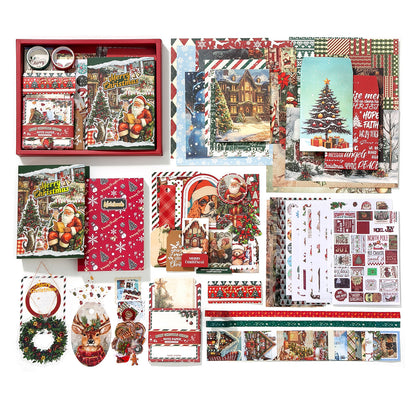 Collection of Christmas-themed stationery items including cards, stickers, and a box on a white background.