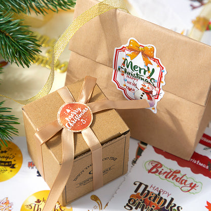 Brown gift box with a decorative ribbon and 'Merry Christmas' label on a festive background.