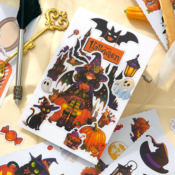 Halloween-themed sticker sheet with witch, pumpkins, and ghosts on a beige surface.
