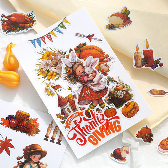 Sheet of Thanksgiving-themed stickers with illustrations of a girl, rabbit, and fall elements on a white background.