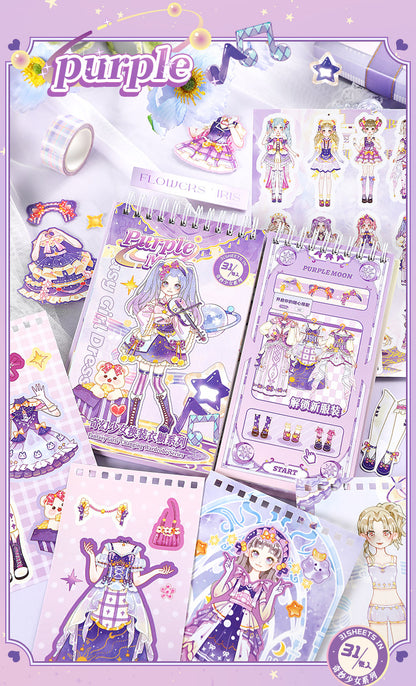Sticker dress up flip book set with character designs on a purple background
