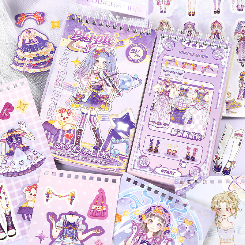 Purple-themed sticker flip drees up doll book with character illustrations on a white background