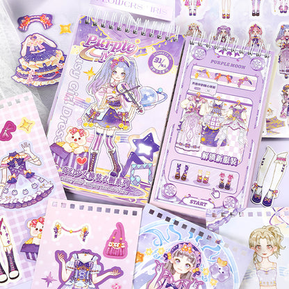 Purple-themed sticker flip drees up doll book with character illustrations on a white background