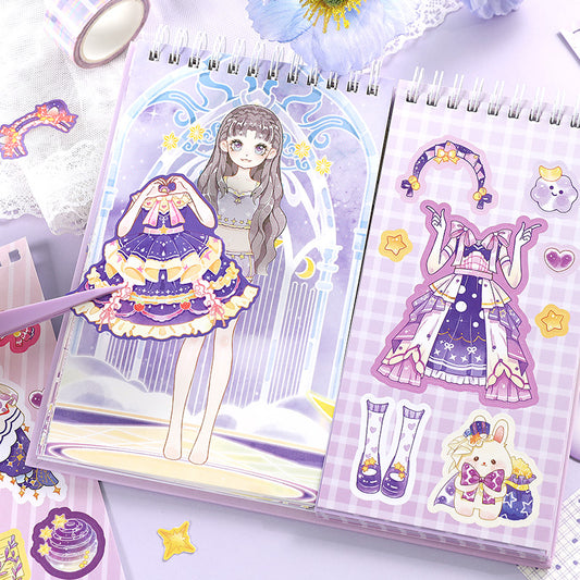Anime-style dress up doll character sticker set in use