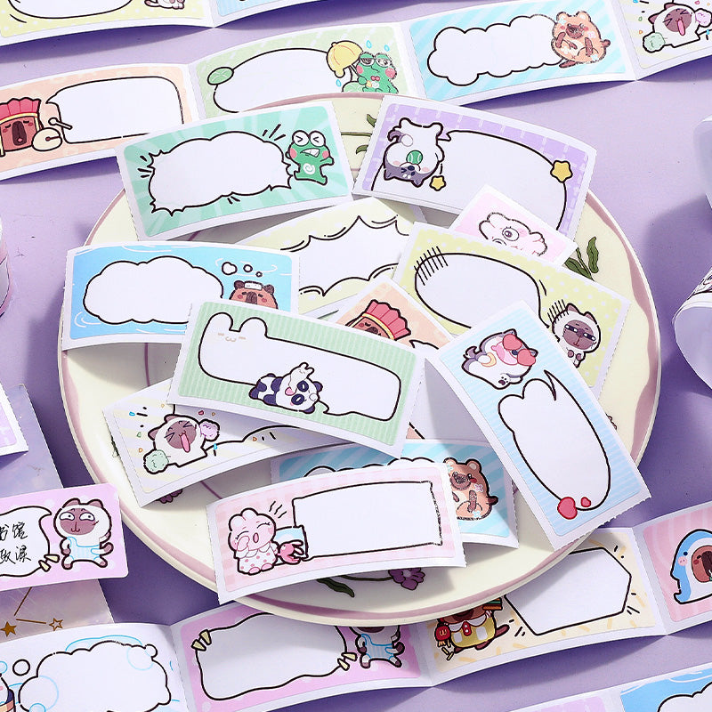 Collection of colorful cartoon-style stickers on a plate with a purple background
