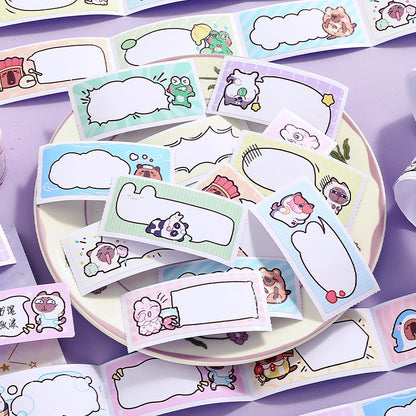 Collection of colorful cartoon-style stickers on a plate with a purple background