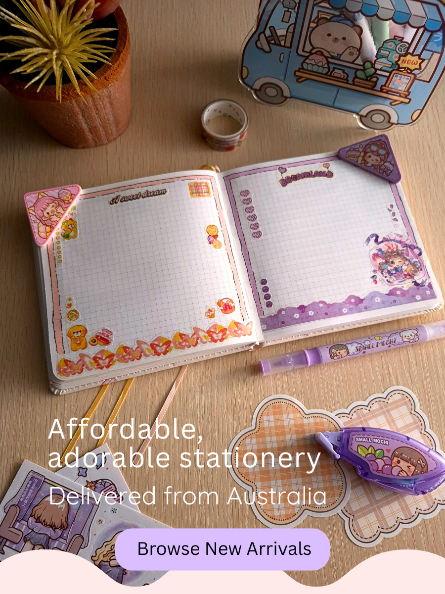 Adorable journaling supplies — cute washi tape, memo sheets, and stickers styled in a calm, aesthetic layout. Kawaii stationery from Australia