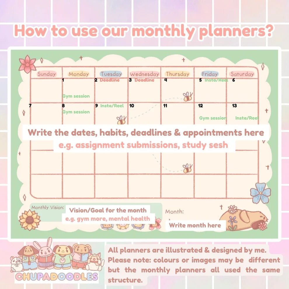 Monthly Planner Notepad ~ Kawaii Flowers ~ A4 - The Kawaii Nest