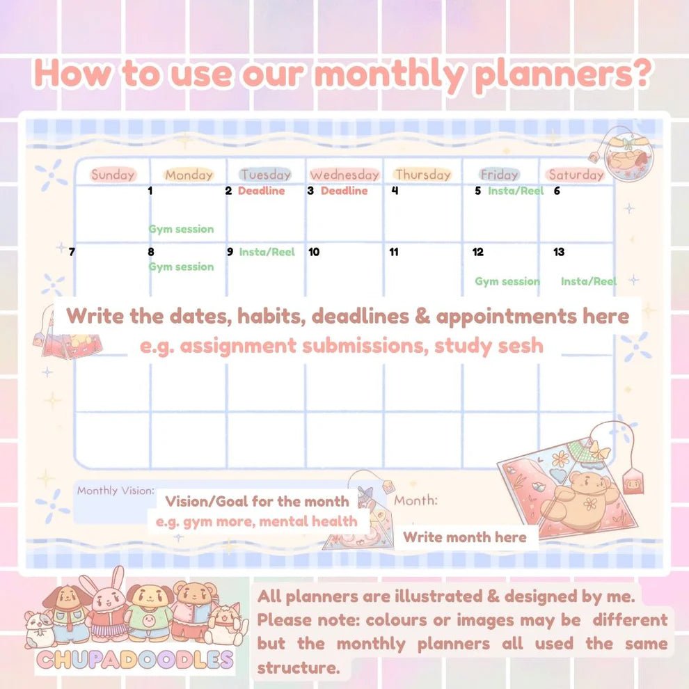 Monthly Planner Notepad ~ Kawaii Tea Party ~ A4 - The Kawaii Nest
